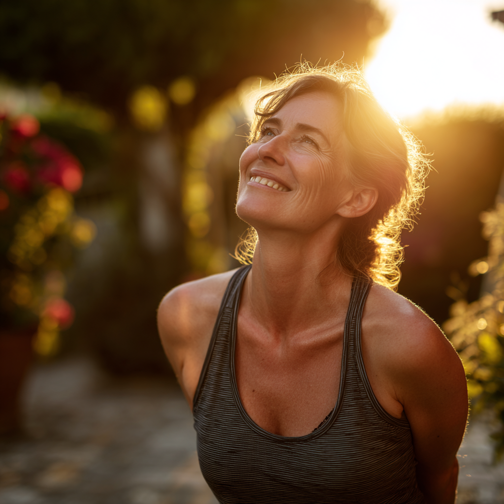 Peaceful woman in her 30s practicing yoga meditation in lotus position, natural lighting, serene expression, European appearance