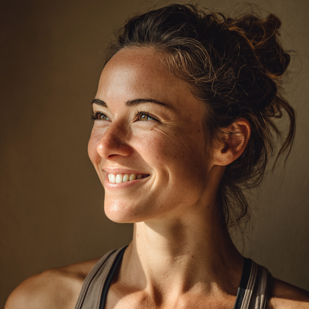 Happy woman in her 30s after yoga practice, bright smile, relaxed expression, European appearance, natural lighting